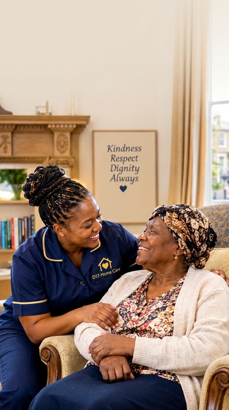 D17-Home Care carer bringing warmth and smile to elderly client